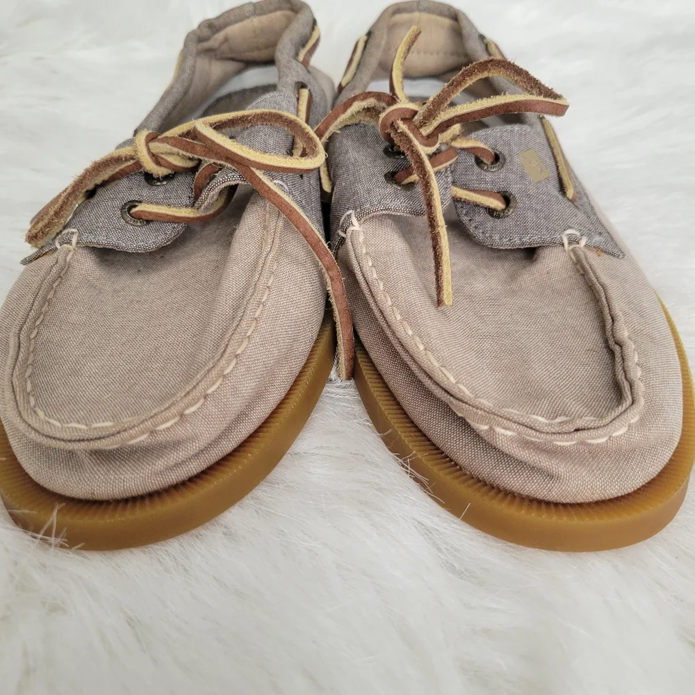 Sperry Top-Sider Boat Shoes Linen & Leather 9 EUC Beige & Blue - Picture 10 of 14